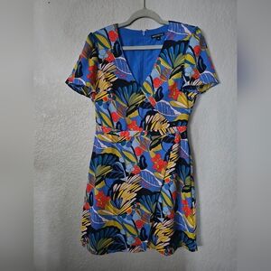 Ladies J. Crew Mercantile Blue Tropical Floral V Neck Faux Wrap Dress Size 6